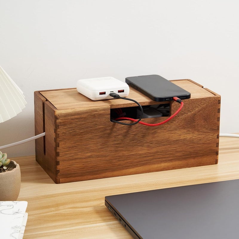 LiTY Acacia Wood Cable Management Box, Wooden Cord Hider & Organizer for Power Strip, Electrical Hiding, TV Wires, Desk & Floor Cables - Office Under Desk Cable Storage Box for Wire Storage Organization - Image 1